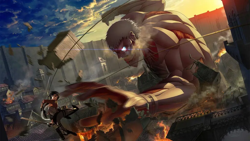 Adegan pertarungan yang menegangkan Gambar adegan aksi Attack on Titan